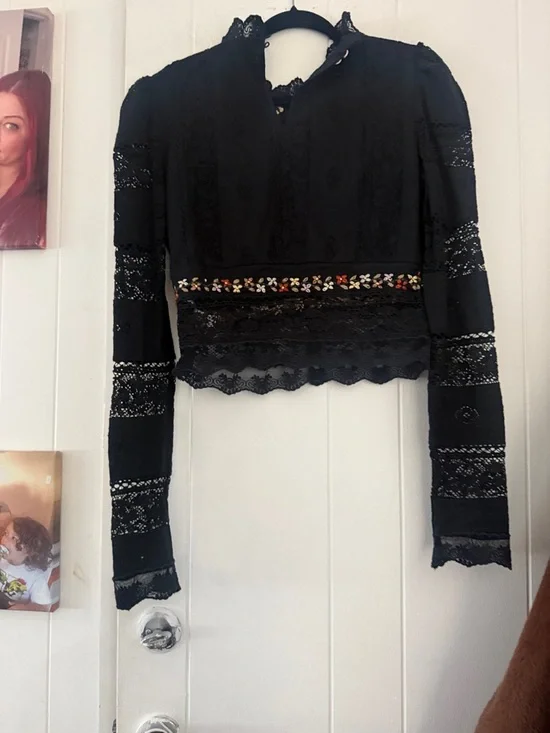 Free People Black Embroidered Lace Long-Sleeve Blouse - Picture 3 of 4